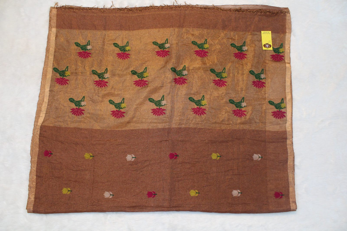 Chestnut brown silk linen Jamdani saree by Weavers 2 Buyers