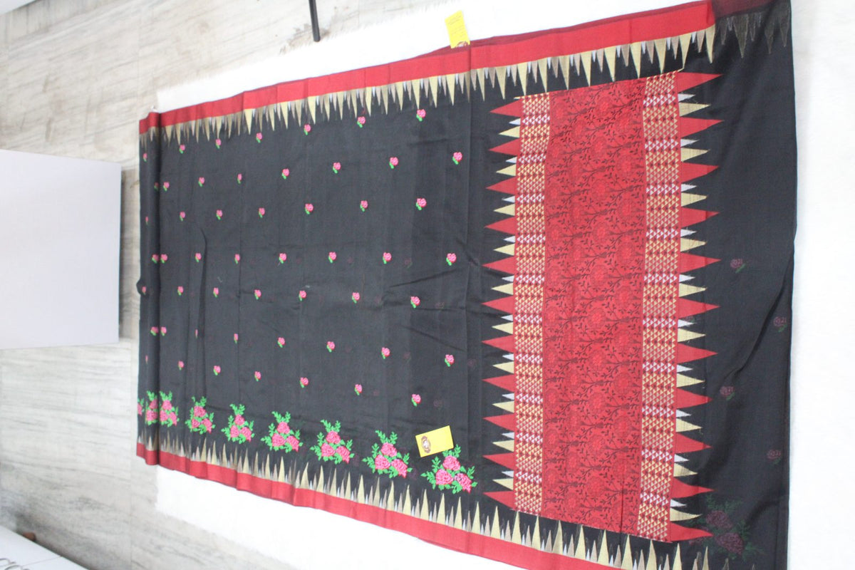 Black Kota Silk festive saree with red and golden details by Weavers 2 Buyers