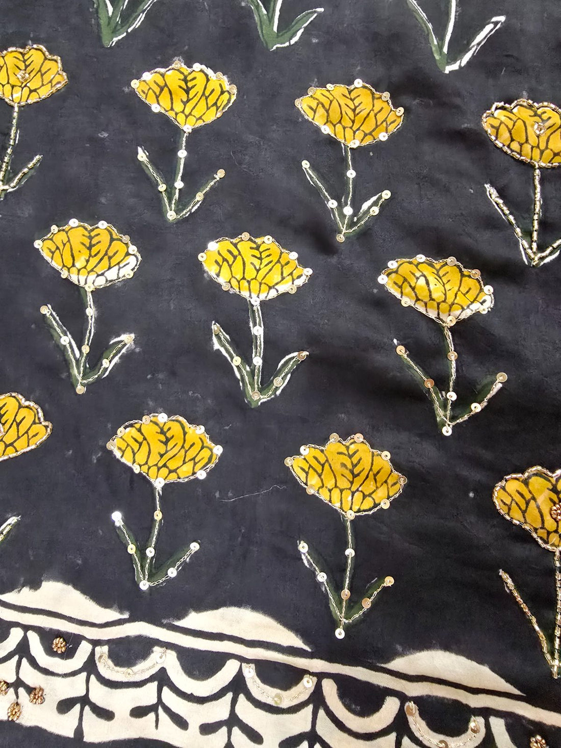 Hand embroidered Block print Modal Silk saree – Black Beige