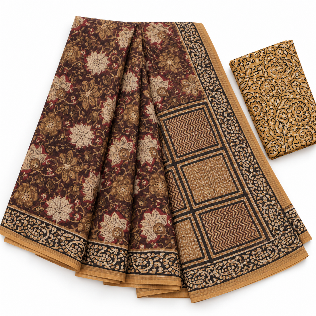 Brown Kota Doriya Block Print Saree – model on white background