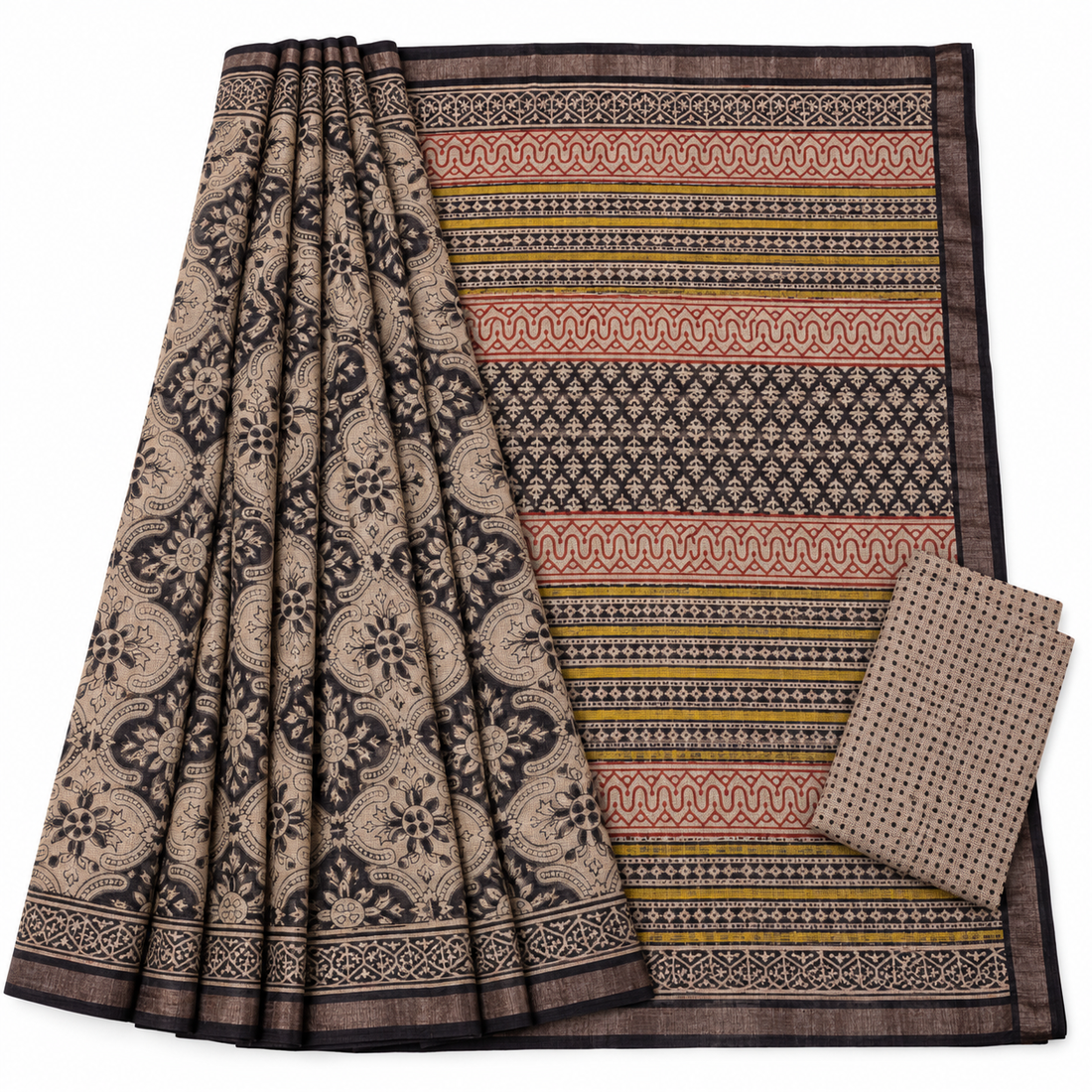 Brown Kota Doriya Block Print Saree – model on white background