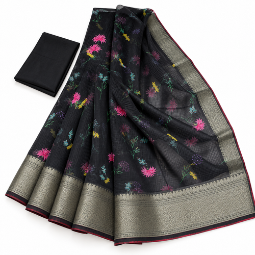 Black Kota Doriya Saree – model on white background