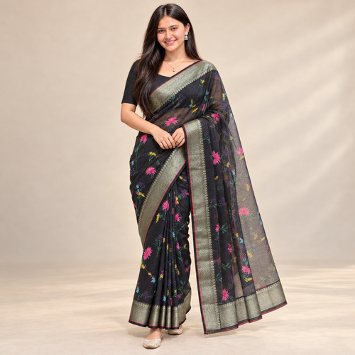 Black Banarasi Digital Print Kota Doria Saree – front hero