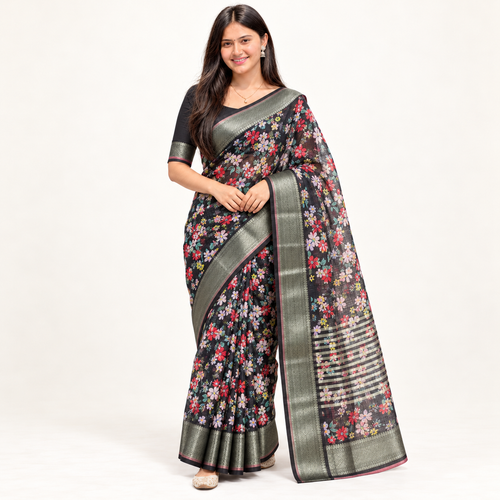 Black Banarasi Block Print Kota Doria Saree – front hero