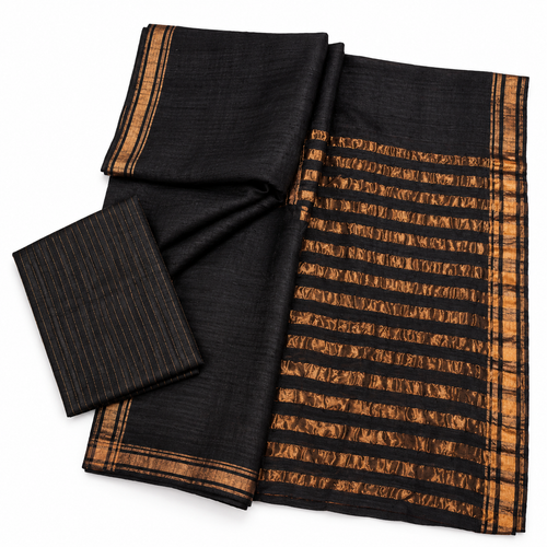 Black Golden Ghicha Tussar Saree – model on white background