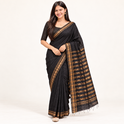 Black Gold Ghicha Tussar Silk Saree with Zari – front hero