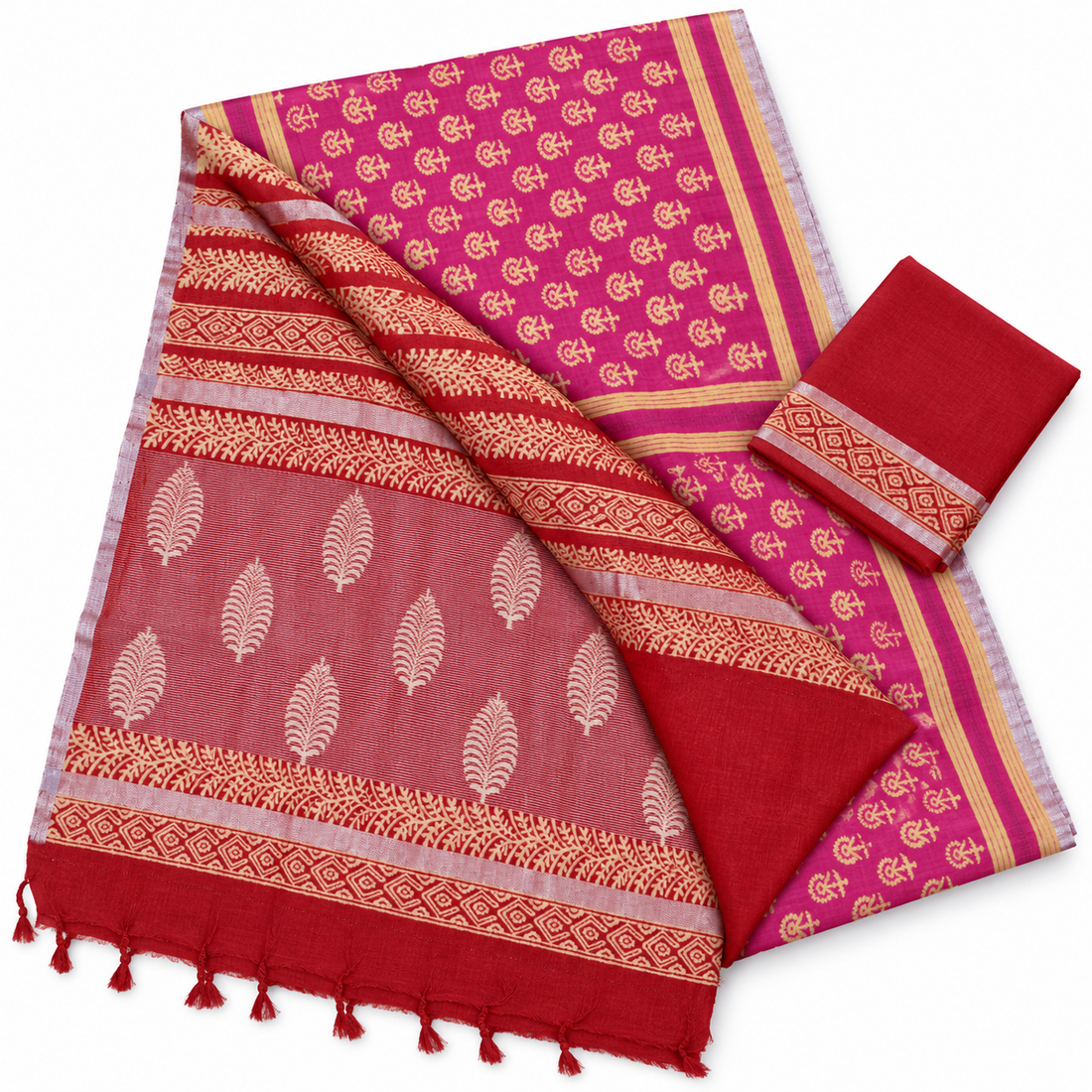Pink Red Pure Linen Saree – model on white background