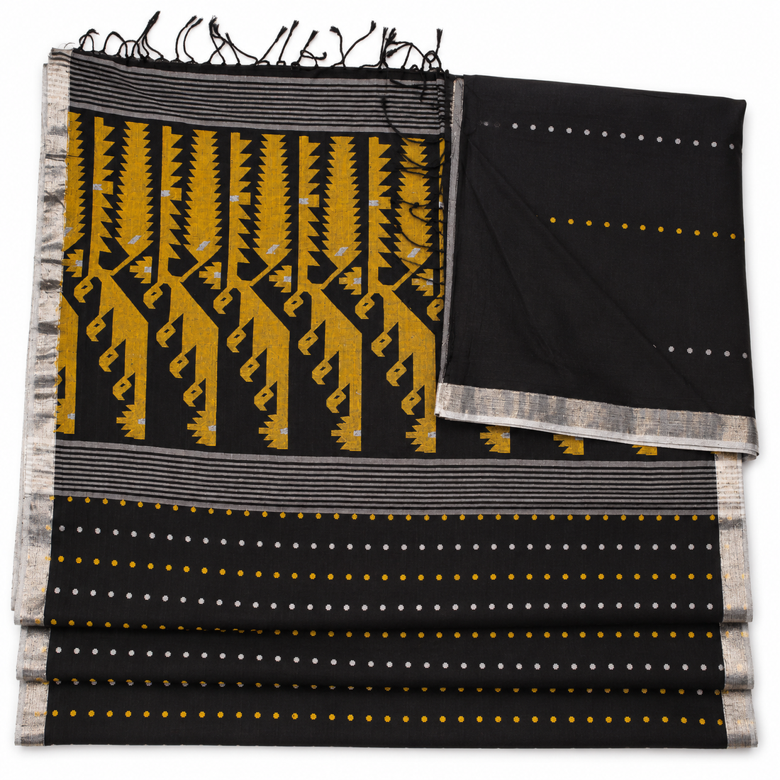 Black Khadi Dhakai Boota Saree – model on white background