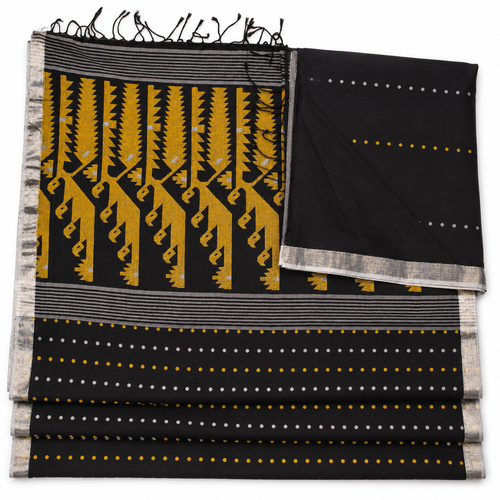 Black Khadi Dhakai Boota Saree – model on white background