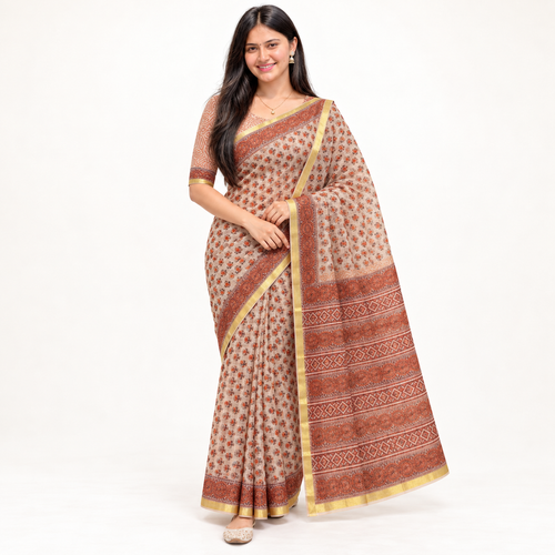Beige & Orange Block Print Kota Doria Saree – front hero