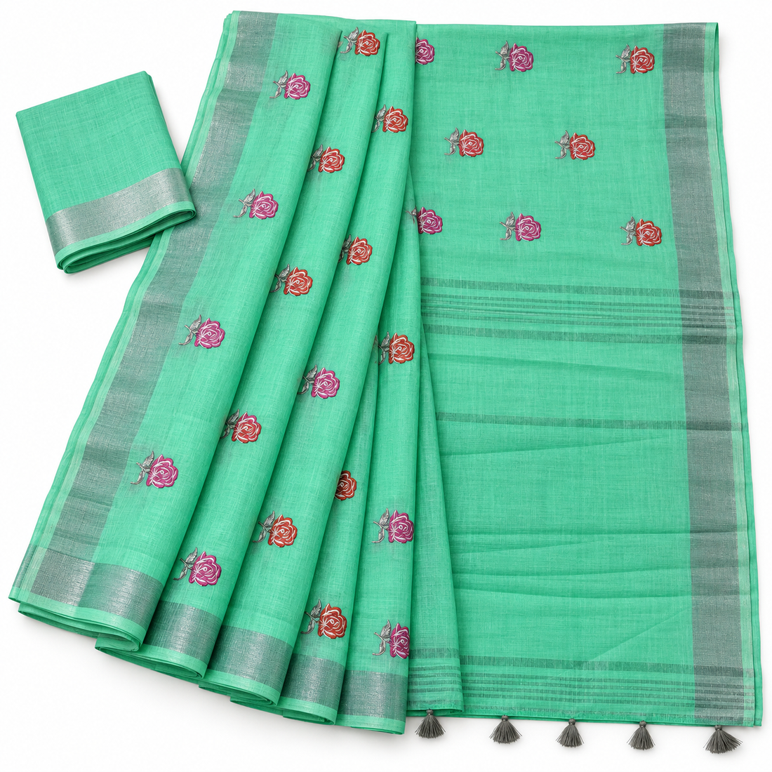 Sea Green Linen Cotton Saree – model on white background