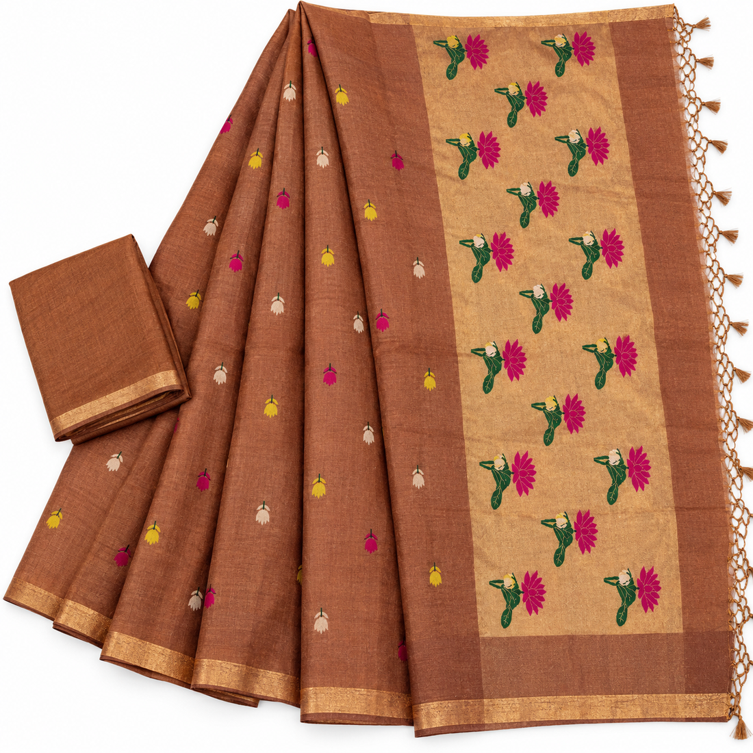 Chestnut Brown Silk Linen Jamdani Saree – model on white background
