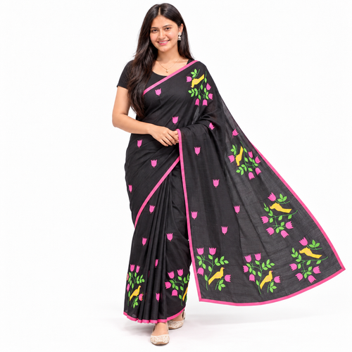 Black Silk Cotton Applique Work Saree – clean white bg