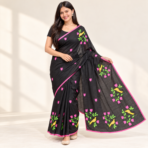 Black Silk Cotton Applique Work Saree – front hero