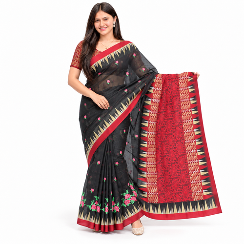 Black Cross-Stitch Kota Silk Saree with Zari – clean white bg