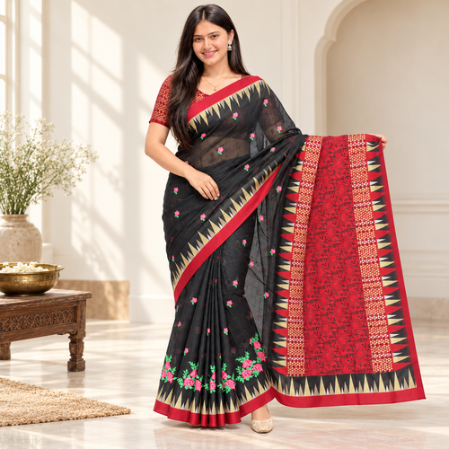 Black Cross-Stitch Kota Silk Saree with Zari – front hero