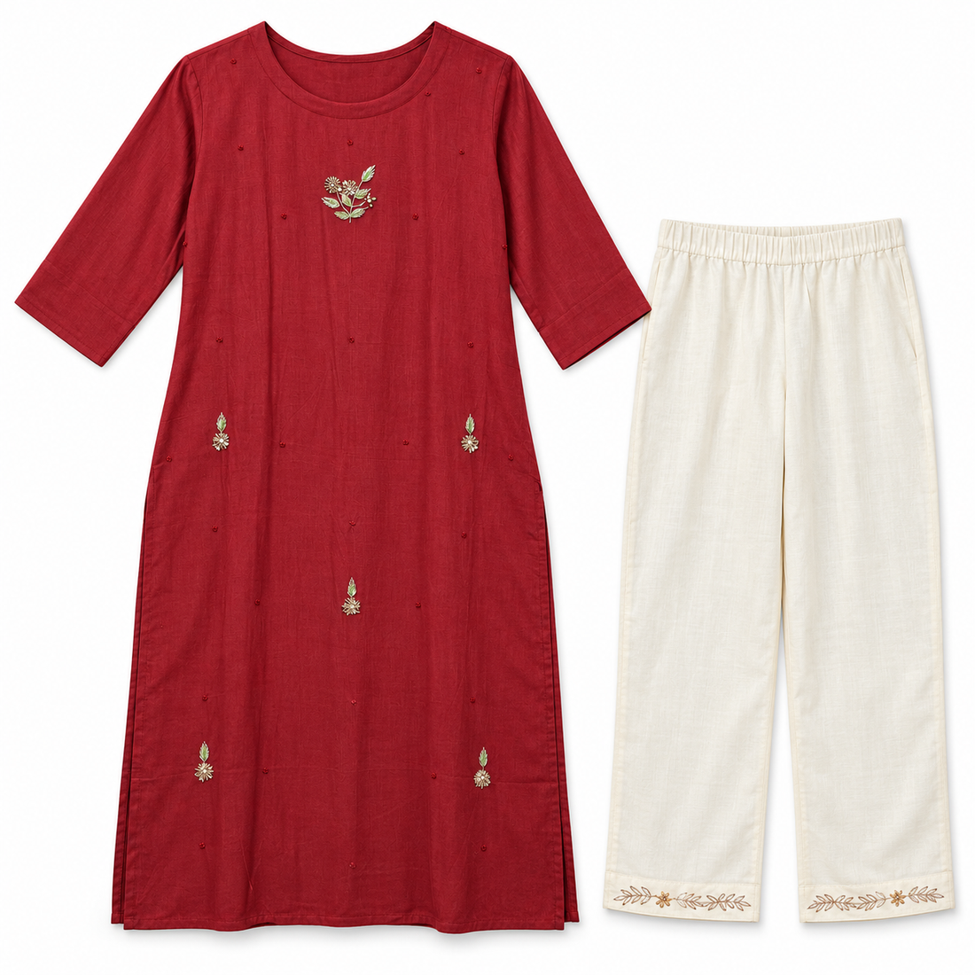 Brick Red Kurta Pant Set – model on white background
