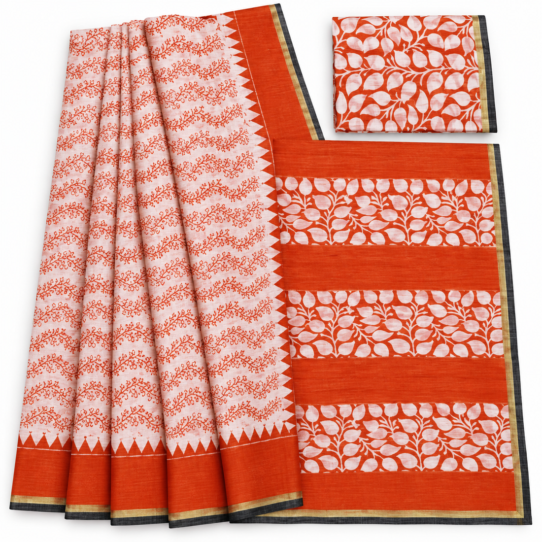 Orange White Khadi Saree – model on white background